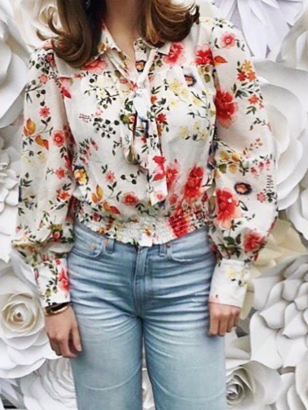Alice and Olivia Floral Crop Blouse with Puff Sleeve